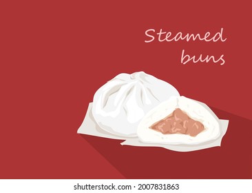 Steamed meat buns vector on a red background are ready to eat, close up, copy space product design concept.