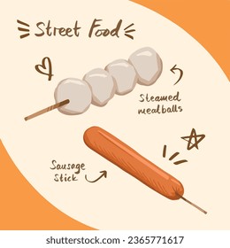 Steamed meatballs and boiled sausage sticks street food culinary vector illustration isolated on square light yellow and orange frame background. Simple flat cartoon art styled drawing.