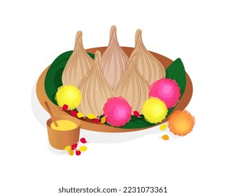 Ilustración vectorial de moscardón al vapor y mantequilla de ghee. Platos tradicionales indios y flores. Dulces bolas festivas sobre hojas verdes sobre un plato