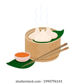 Steamed momo dumplings with red chile sauce in a wooden basket. Vector tibetan momos cuisine. Indian, Chinese, Bhutan, Nepal traditional food. Veg momo dish with sticks served in wood steamer basket