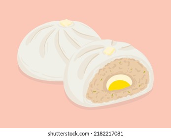 Steamed pork and egg bun, Dim sum or Salapao, Food hand drawn, vector illustration.