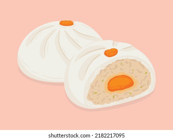 Steamed pork and salted egg yolk, Dim sum or Salapao, Food hand drawn, vector illustration.