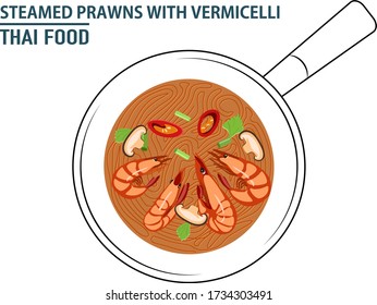 Steamed Prawns with Vermicelli most popular thai food cooking on pan vector