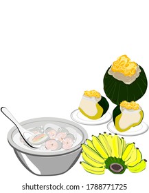 steamed pumpkin with egg custard (srikaya),Banana Cooked in Coconut Milk (Kluay Buat Chi) And white background Vector illustration Thai food dessert