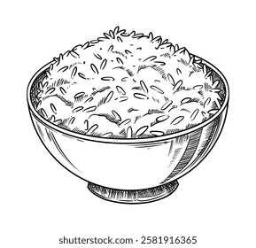 Steamed rice bowl food illustration in the graphic line art style. Hand drawn vector outline element of healthy side dish meal. Perfect for menu creating and sketch drawing designs.