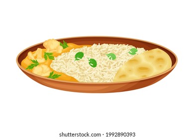 Steamed Rice with Curry Cauliflower as Indian Dish and Main Course Served on Plate and Garnished with Herbs Closeup Vector Illustration