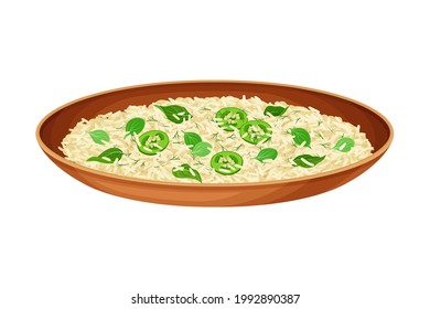 Steamed Rice with Herbs and Green Chiles as Indian Dish and Main Course Served on Plate Closeup Vector Illustration