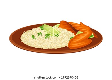Steamed Rice with Tandoori Chicken as Indian Dish and Main Course Served on Plate and Garnished with Herbs Closeup Vector Illustration