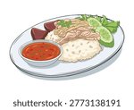 steamed rice topped with chicken white background.