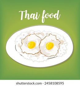 Steamed rice and two fried eggs, cooked to perfection, are placed in a plate, Thai food, on a green background. Flat vector illustration.