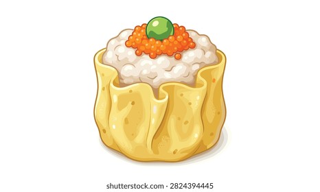 Steamed shumai dumpling with orange roe and green pea in pixel art style