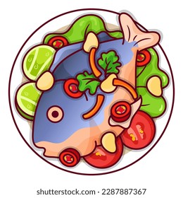 gedünsteter Schnapper Fisch thailändischen Stil Illustrationsvektor. 
Chinesisches Essen gedünstete Schnapper Symbol Draufsicht. Asiatischer gedünsteter Fisch- und Gemüseschneider mit Draufsicht. vietnamesische Chilis gedünstete Fischmenü Symbol Vektorgrafik.