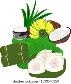 Steamed sticky rice with bananas (mat boiled rice or stir-boiled rice) banana leaves, coconut, Thai desserts, Asian desserts