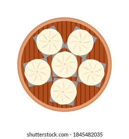 Steamed Vegetable Buns. Steamed Vegetable Bun in Bamboo Basket. Illustration vector.