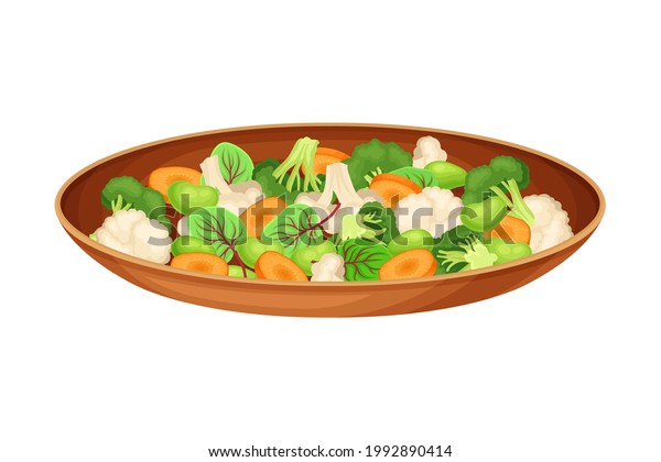 Steamed Vegetables with Cauliflower and\
Carrot as Indian Dish and Main Course Served on Plate and Garnished\
with Herbs Closeup Vector\
Illustration