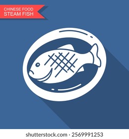 Steamed whole fish. Traditional dish for Chinese Lunar New Year. Vector flat icon with long shadow