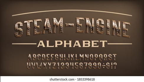 Steam-Engine-Alphabet-Schriftart. Steampunk rostig Nieten und Zahlen. Stock-Vektorgrafik für Ihr Design.