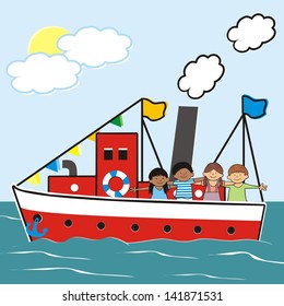 steamer and children, vector icon