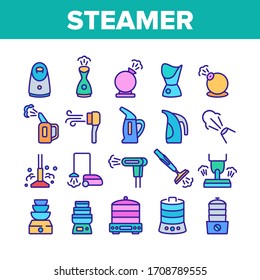 Steamer Domestic Tool Collection Icons Set Vector. Electric Food Cooking Multi Steamer, Vacuum Cleaner And Humidifier Equipment Concept Linear Pictograms. Color Illustrations