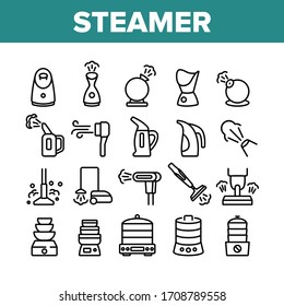 Steamer Domestic Tool Collection Icons Set Vector. Electric Food Cooking Multi Steamer, Vacuum Cleaner And Humidifier Equipment Concept Linear Pictograms. Monochrome Contour Illustrations