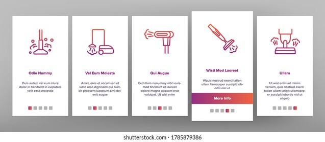 Steamer Domestic Tool Onboarding Mobile App Page Screen Vector. Electric Food Cooking Multi Steamer, Vacuum Cleaner And Humidifier Equipment Illustrations