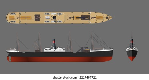 Dibujo de vapor. 3.º plano industrial de buques de vapor. Vista de barco antiguo: superior, lateral y frontal. Barco de vapor aislado. Vehículo industrial. Ilustración del vector