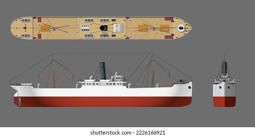 Dibujo de vapor. 3.º plano industrial de buques de vapor. Vista del barco por encima, por el lado y por el frente. Barco de vapor aislado. Transporte de agua de carga. Ilustración del vector