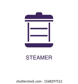Steamer element in flat simple style on white background. Steamer icon, with text name concept template