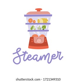 Steamer food icon. Cooking kitchen illustration isolated on white background. steam electric cook equipment. Hand drawn colorful flat vector illustration with food inside and hand drawn lettering