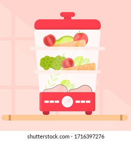 Steamer with food. Vector flat illustration. Cooking in the steamer concept. Healthy food illustration. 