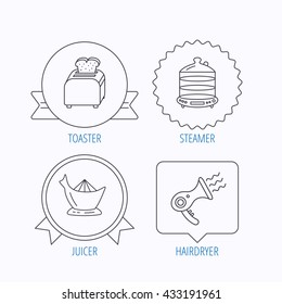 Steamer, hairdryer and toaster icons. Juicer linear signs. Award medal, star label and speech bubble designs. Vector