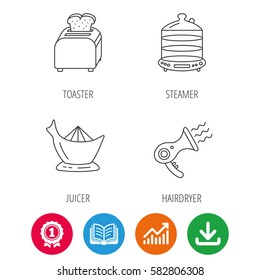 Steamer, hairdryer and toaster icons. Juicer linear signs. Award medal, growth chart and opened book web icons. Download arrow. Vector