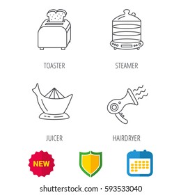 Steamer, hairdryer and toaster icons. Juicer linear signs. Shield protection, calendar and new tag web icons. Vector