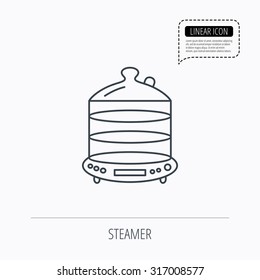 Steamer icon. Kitchen electric tool sign. Linear outline icon. Speech bubble of dotted line. Vector