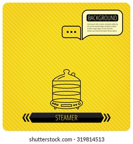 Steamer icon. Kitchen electric tool sign. Chat speech bubbles. Orange line background. Vector