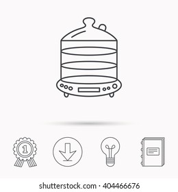 Steamer icon. Kitchen electric tool sign. Download arrow, lamp, learn book and award medal icons.