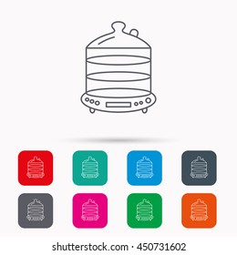 Steamer icon. Kitchen electric tool sign. Linear icons in squares on white background. Flat web symbols. Vector
