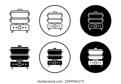 Steamer icon set. kitchen steam food steamer vector symbol in black filled and outlined style.