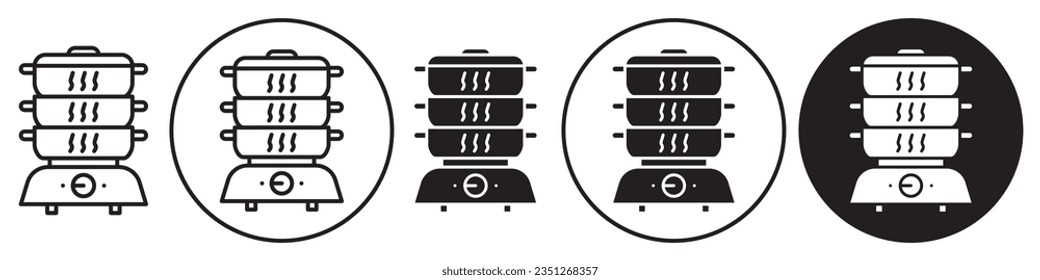 Icono de vapor. Símbolo de máquina de hervir alimentos en uso de cocina. Conjunto de vectores de electrodomésticos de cocina utensilios para cocinar. Esbozo plano del equipo de vapor eléctrico  