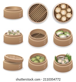 Steamer icons set cartoon vector. Chinese appliances. Control equipment