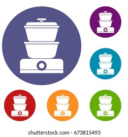 Steamer icons set in flat circle reb, blue and green color for web