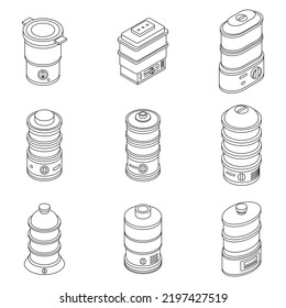 Steamer icons set. Isometric set of steamer vector icons outline thin lne isolated on white