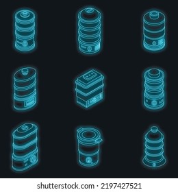 Steamer icons set. Isometric set of steamer vector icons neon color on black