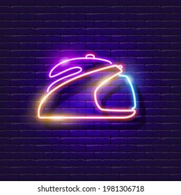 Steamer iron neon sign. Vector illustration for design. Homework concept. Glowing home appliances icon for home.