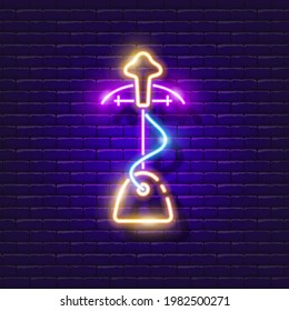 Steamer iron neon sign. Vector illustration for design. Homework concept. Glowing home appliances icon for home.