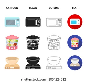 Steamer, microwave oven, scales, lcd tv.Household set collection icons in cartoon,black,outline,flat style vector symbol stock illustration web.