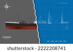 Steamer outline drawing. 3d steamship industrial blueprint. Contour ship view top, side and front. Steamboat document. Industry vehicle. Vector illustration