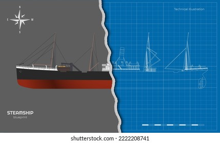 Steamer outline drawing. 3d steamship industrial blueprint. Contour ship view top, side and front. Steamboat document. Industry vehicle. Vector illustration