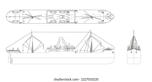 Steamer outline drawing. Steamship industrial blueprint. Ship view top, side and front. Isolated contour steamboat. Cargo water transport. Vector illustration