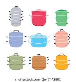 vaso de vapor definir desenho animado. cozinha vapor, alimentos vegetais, bolinhos frutos do mar vaso de vapor sinal. símbolo isolado vetor ilustração